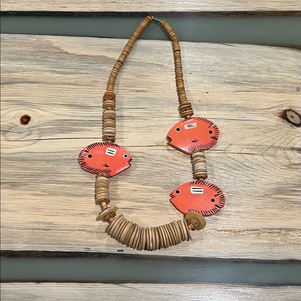 Vintage Asymmetrical Beaded Seed And Wood Fish Necklace With Screw Closure